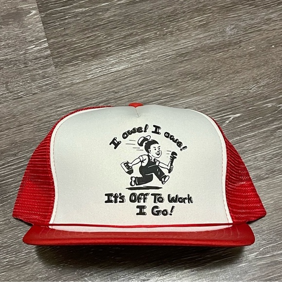 Vintage 1980s Snapback I Owe Off To Work I Go Funny Adult Job Humour Trucker Hat - Picture 1 of 6